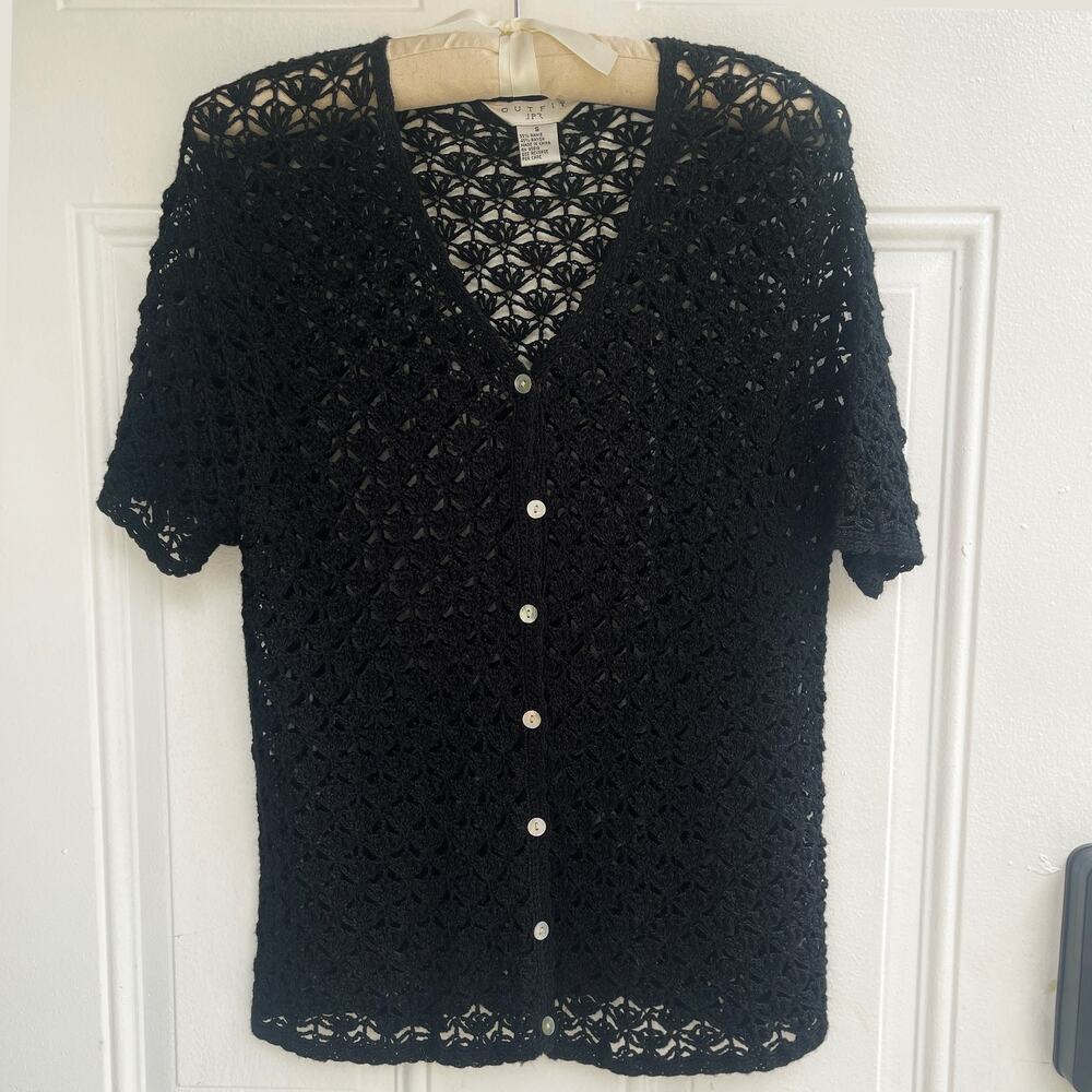 Outfit JPR Black Crochet Button Front Cardigan Sweater S Ramie Rayon Y2K Boho
